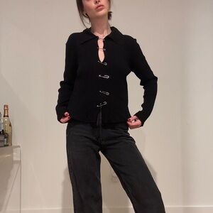 Women's Black Safety-pin Embellished Stretch-knit Polo Shirt